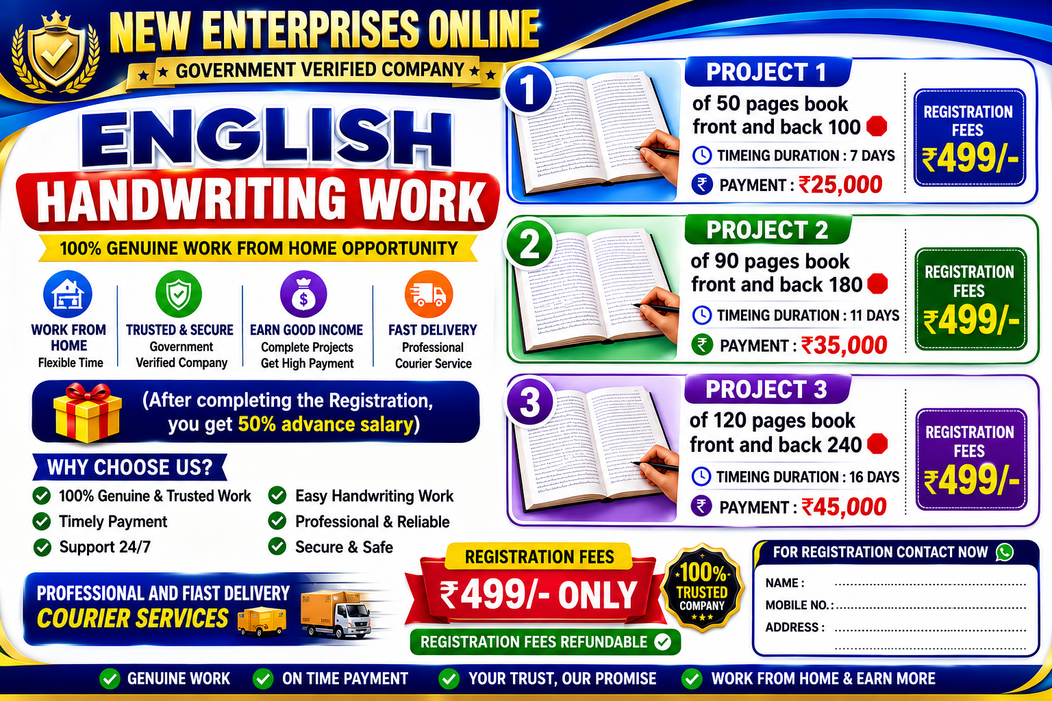 English handwriting work projects details — Project 1, 2 and 3 with payment and registration fees